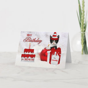Birthday on Christmas Eve Cat and Cake Holiday Card
