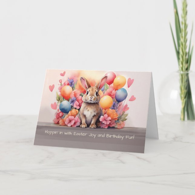 Birthday on Easter Rabbit Amid Flowers Balloons Card (Front)