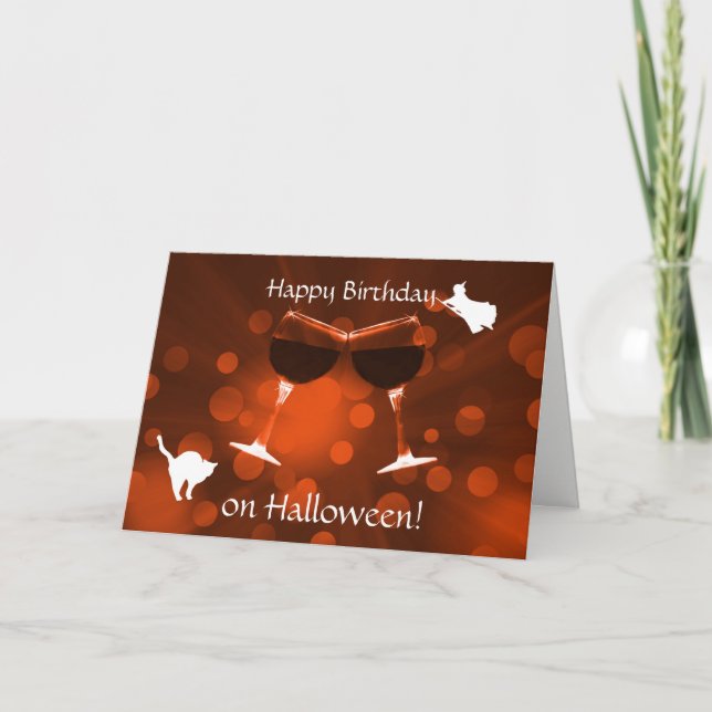 Birthday on Halloween Wine and Witch Cat Cute Card (Front)