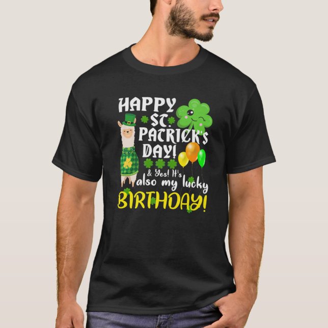 Birthday On St. Patrick's Day Birthday Llama Shamr T-Shirt (Front)