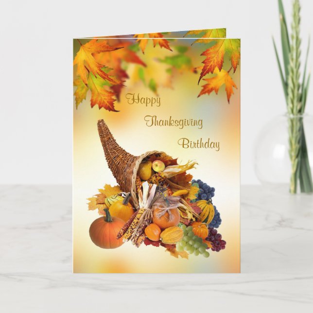 Birthday on Thanksgiving Day Card. Cornucopia Holiday Card (Front)