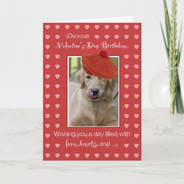 Birthday on Valentine's Day Golden Retriever Dog Holiday Card (Front)