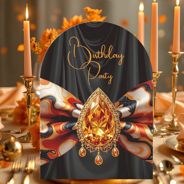 Birthday Orange 1960s Mod Bow Gold Jewel Invitation (Creator Uploaded)