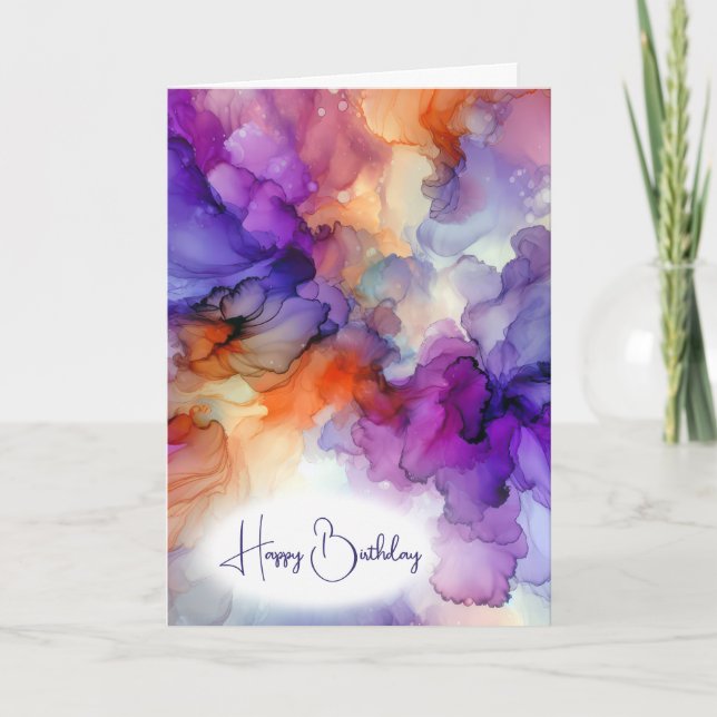 Birthday Orange and Purple Alcohol Ink Abstract Card (Front)