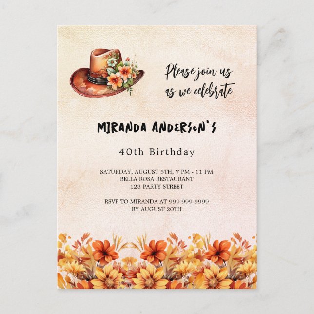 Birthday orange flowers boho cowgirl hat invitation postcard (Front)
