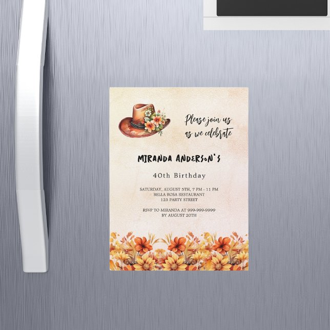 Birthday orange flowers boho cowgirl hat luxury magnetic invitation (Creator Uploaded)