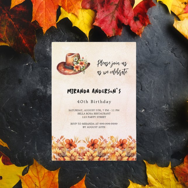 Birthday orange flowers fall cowgirl hat luxury invitation (Creator Uploaded)