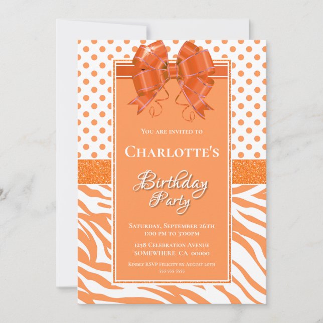 Birthday Orange Polka Dots and Zebra Stripes Invitation (Front)