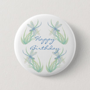 Birthday Original Watercolor Dragonfly in Blue 6 Cm Round Badge