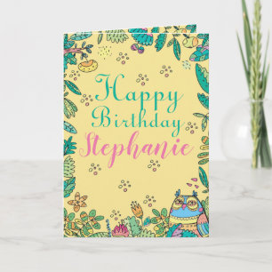 Birthday Owl Colourful Folk Art Typography Drawing Card