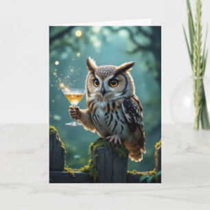 Birthday Owl Holding a Cocktail In a Forest Card