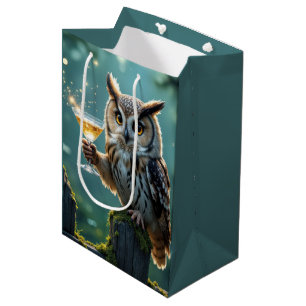 Birthday Owl Holding a Cocktail In a Forest Medium Gift Bag