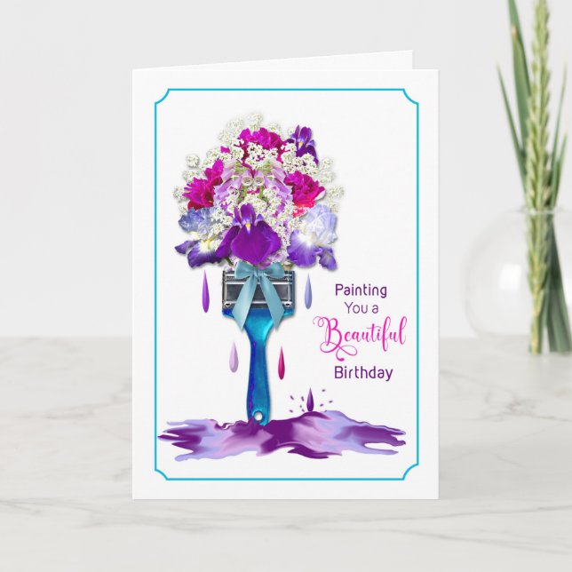 Birthday,  Painting Brush of  Bright Flowers Thank You Card (Front)