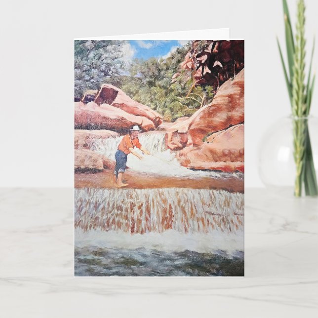 Birthday Painting of Fisherman In Waterfall Card (Front)