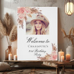 Birthday pampas grass blush rose gold arch photo poster<br><div class="desc">A welcome poster for an elegant and modern birthday party. White background,  decorated with boho style pampas grass and rose gold and blush pink florals.  Personalize and add a photo inside the arch frame,  name and age.</div>
