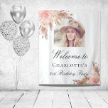 Birthday pampas grass blush rose gold arch photo  tapestry<br><div class="desc">A welcome tapestry for an elegant and modern birthday party. White background,  decorated with boho style pampas grass and rose gold and blush pink florals.  Personalise and add a photo inside the arch frame,  name and age.</div>