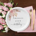 Birthday pampas grass blush rose gold florals paper plate<br><div class="desc">A chic white background. Decorated with rose gold,  pink florals and boho style pampas grass. Personalise and add a name and age.</div>