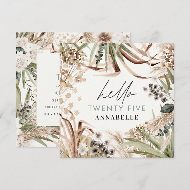 Birthday pampas grass eucalyptus modern sage green invitation (Front/Back)