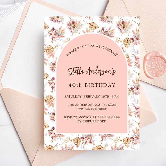 Birthday pampas grass flowers rose gold pink invitation (Creator Uploaded)