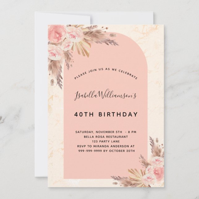 Birthday pampas grass rose gold blush pink invitation (Front)