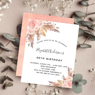 Birthday pampas grass rose gold budget invitation