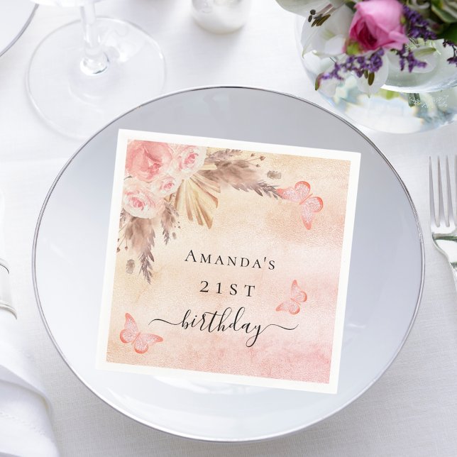 Birthday pampas grass rose gold butterflies napkin (Creator Uploaded)