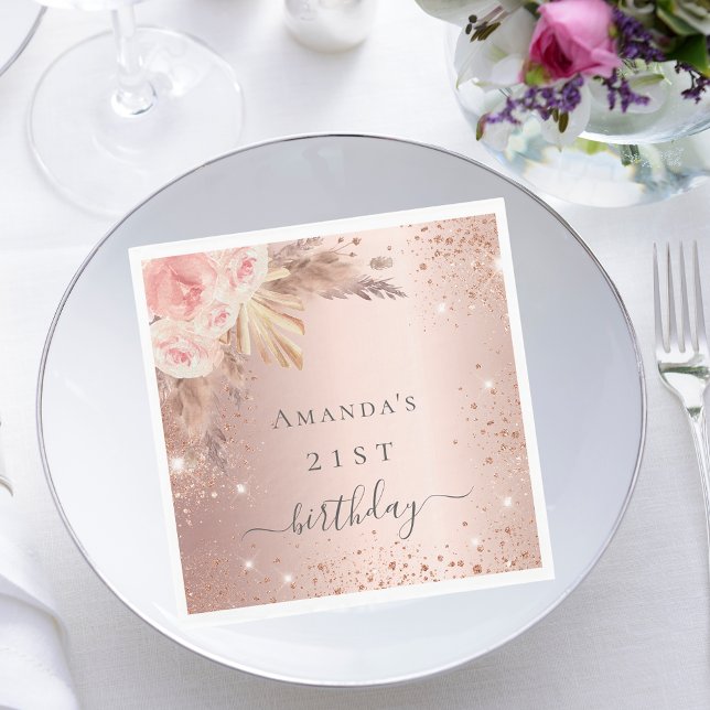 Birthday pampas grass rose gold floral party napkin (Creator Uploaded)