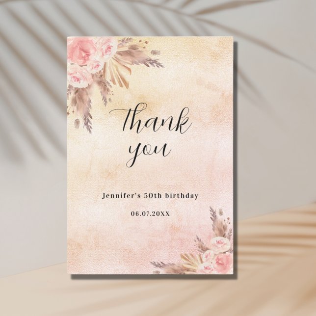 Birthday pampas grass rose gold florals boho thank you card (Creator Uploaded)