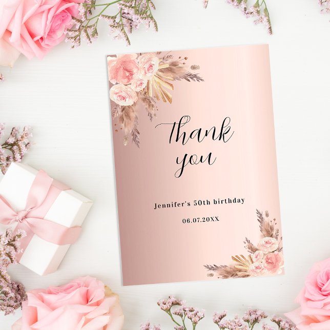 Birthday pampas grass rose gold florals boho thank you card (Creator Uploaded)
