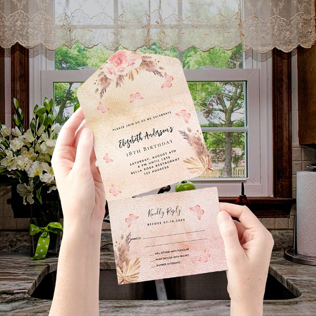 Birthday pampas rose gold butteflies florals RSVP All In One Invitation (Creator Uploaded)