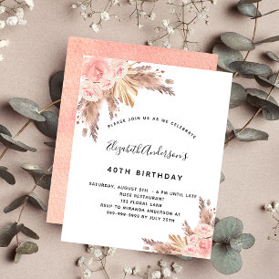Birthday pampas rose gold floral budget invitation flyer