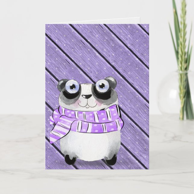 birthday panda bear on purple wood card (Front)