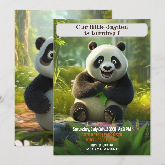 Birthday Panda Personalised Kids Name Age  Invitation (Front/Back)