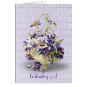 birthday pansy basket on eyelet lace