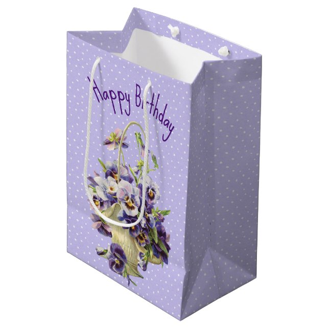 Birthday Pansy Basket On Polka Dots Medium Gift Bag (Front Angled)