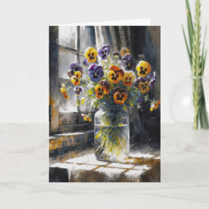 Birthday Pansy Bouquet In Glass Jar Card