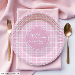 Birthday Paper Plates Pink Plaid Minimalist Design