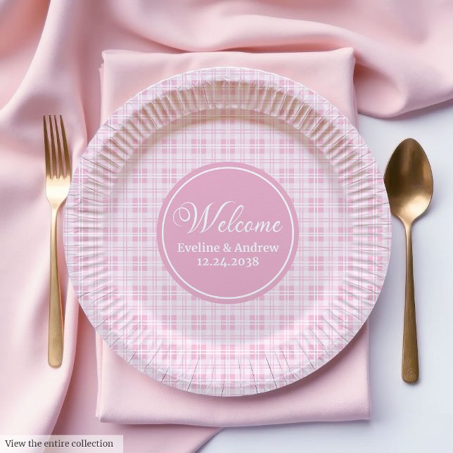 Birthday Paper Plates Pink Tartan Chic Monogram (Birthday Paper Plates Pink Tartan Chic Monogram Gift)