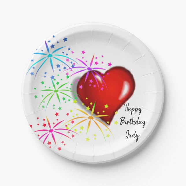Birthday Paper Plates, Red Hearts Paper Plate (Front)