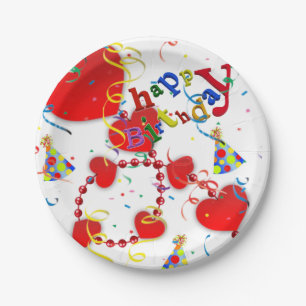 Birthday Paper Plates, Red Hearts Paper Plate