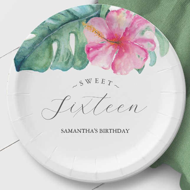 Birthday Paper Plates Sweet 16 Tropical (Birthday party sweet 16 paper plates tropical luau theme art and design by Victoria Grigaliunas)