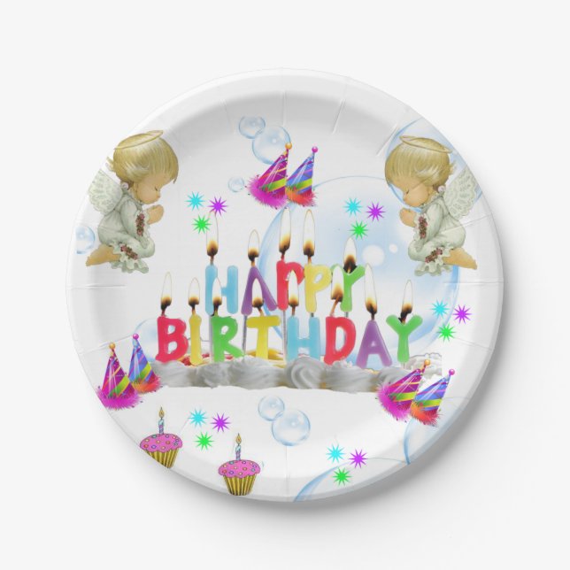 Birthday Paper Plates, Twin Angels Paper Plate (Front)