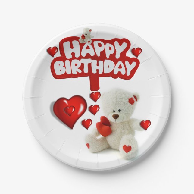 Birthday Paper Plates, White Teddy Bear Paper Plate (Front)