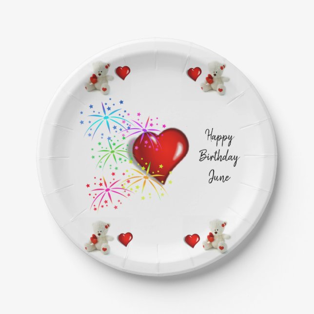 Birthday Paper Plates, White Teddy Bear Plate (Front)