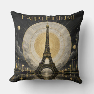 Birthday Paris Eiffel Tower Gold Deco Cushion