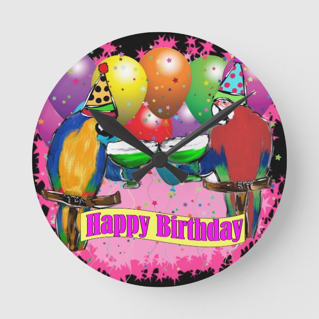 BIRTHDAY PARROTS ROUND CLOCK (Front)