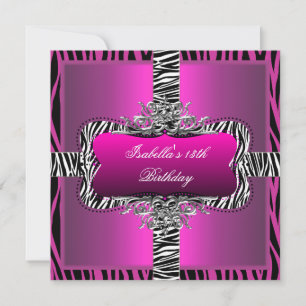 Birthday Party 13th Teen Wild Pink Zebra Black Invitation