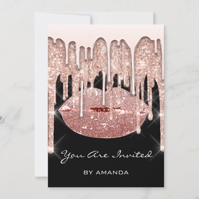 Birthday Party 16th Kiss Lips Rose 3D Glitter Blac Invitation (Front)