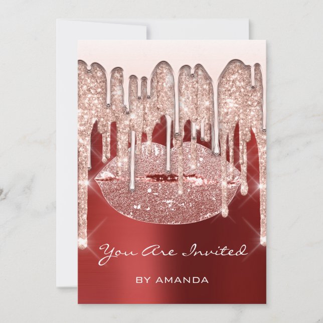 Birthday Party 16th Kiss Lips Rose Glitter Ruby Invitation (Front)