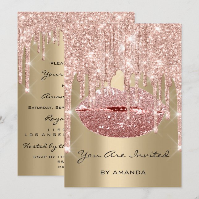 Birthday Party 16th Kiss Lips Rose Glitter Sepia Invitation (Front/Back)